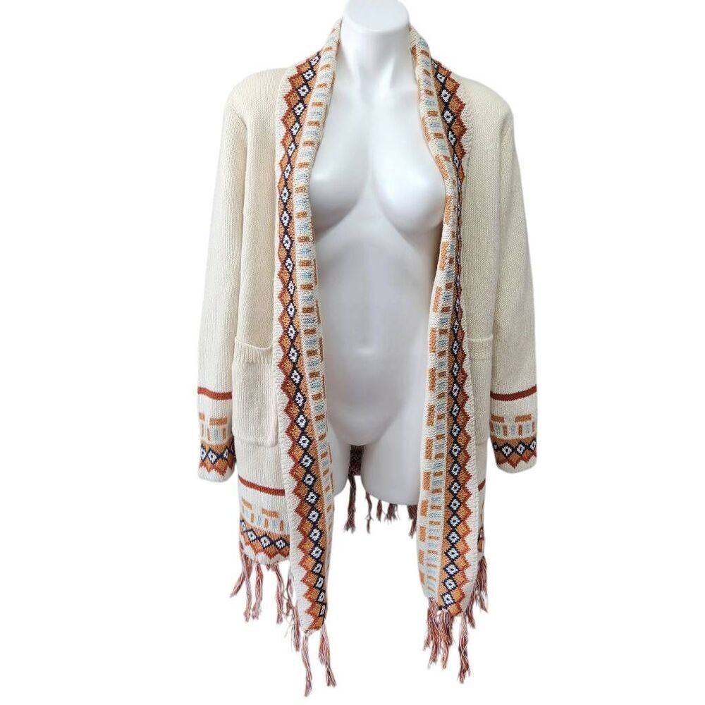 Boutique open front cardigan sweater Aztec print‎ fringe pockets cream large